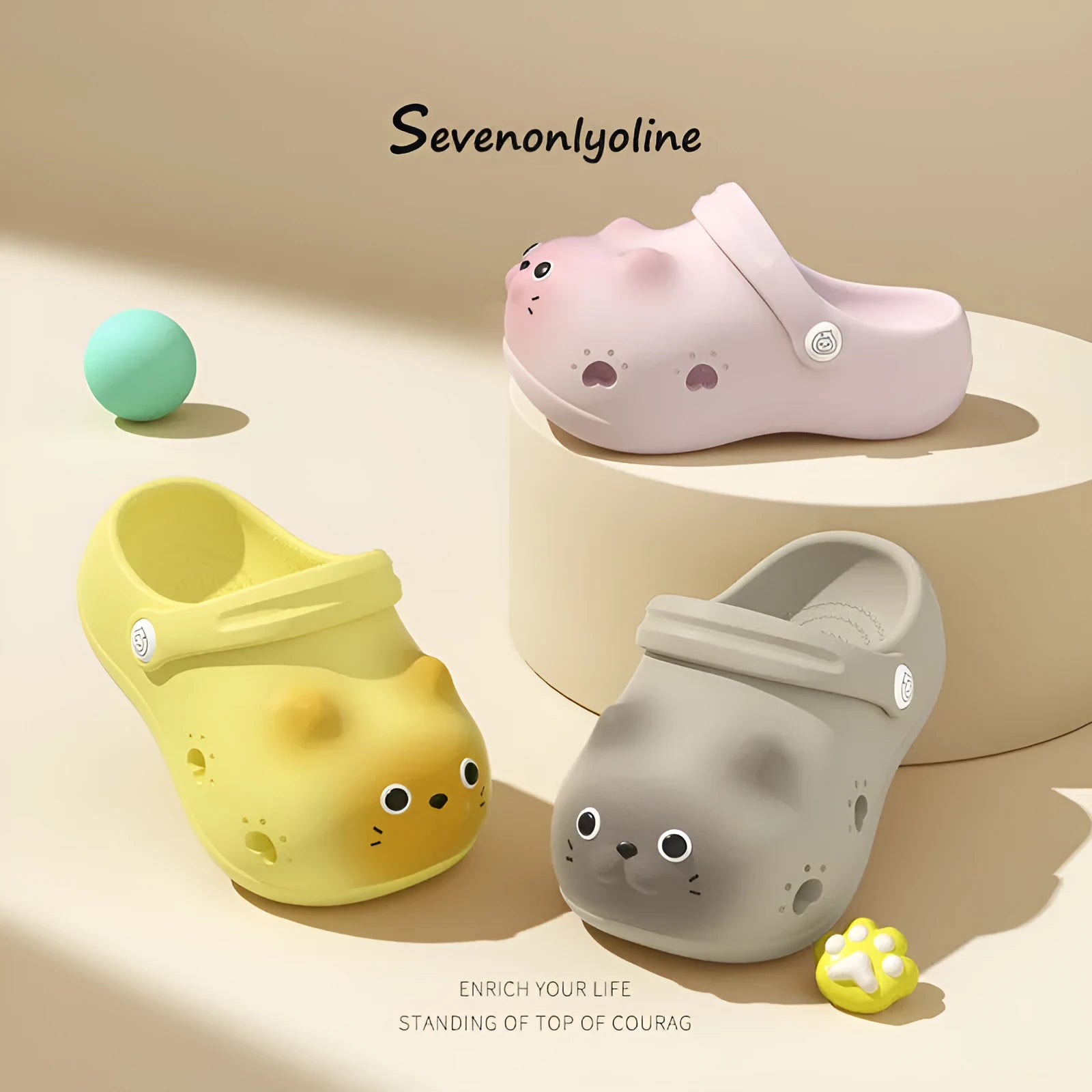 Children's closed toe EVA slippers in cartoon paradise style, unisex, gray brown, pink, yellow, size 130-180