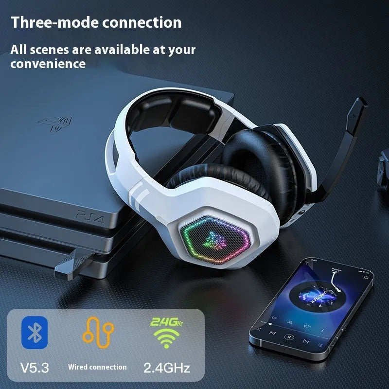 Black and white wireless gaming headset with RGB lighting showing dual connectivity options
