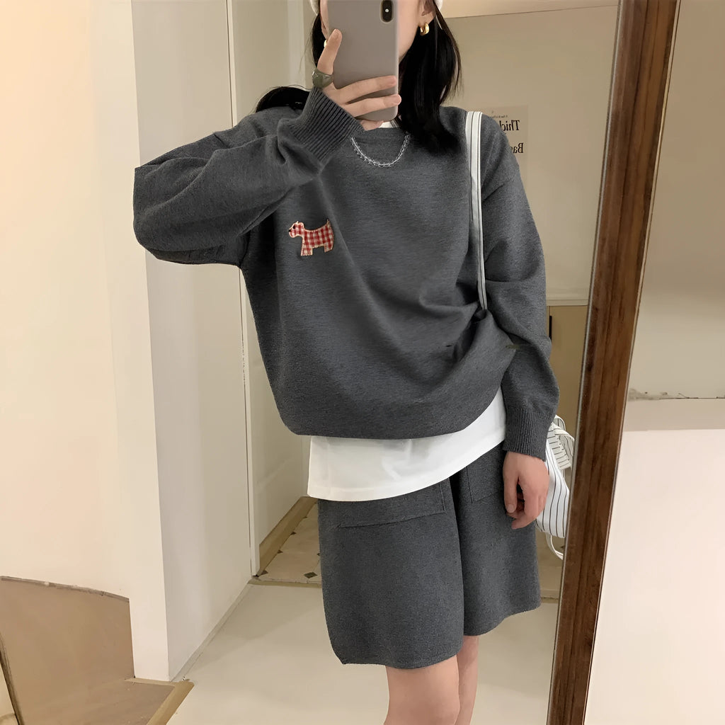 Women's knitted sweater and shorts suit in imitation cashmere with animal embroidery, shown in milk blue.