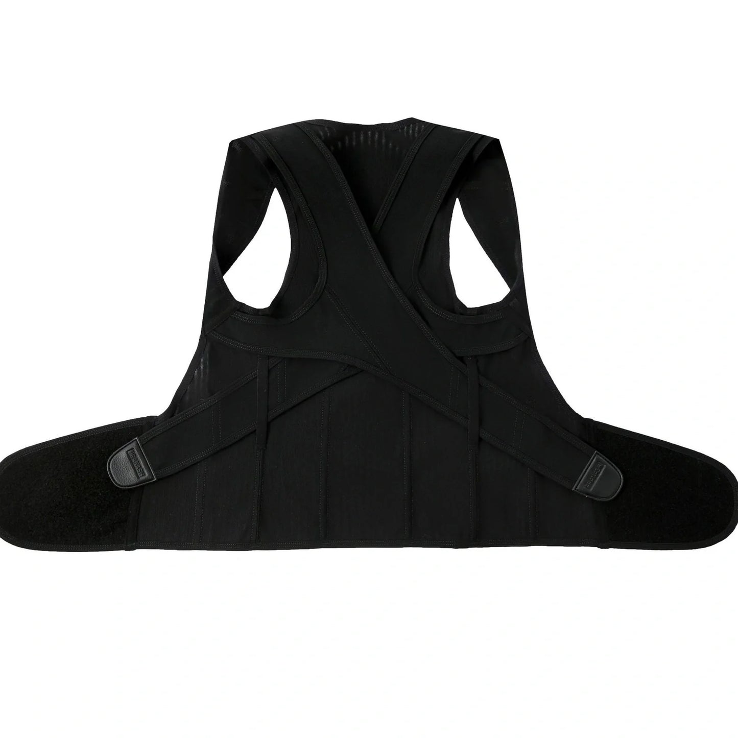 Black invisible posture corrector with adjustable straps for back support and spinal alignment