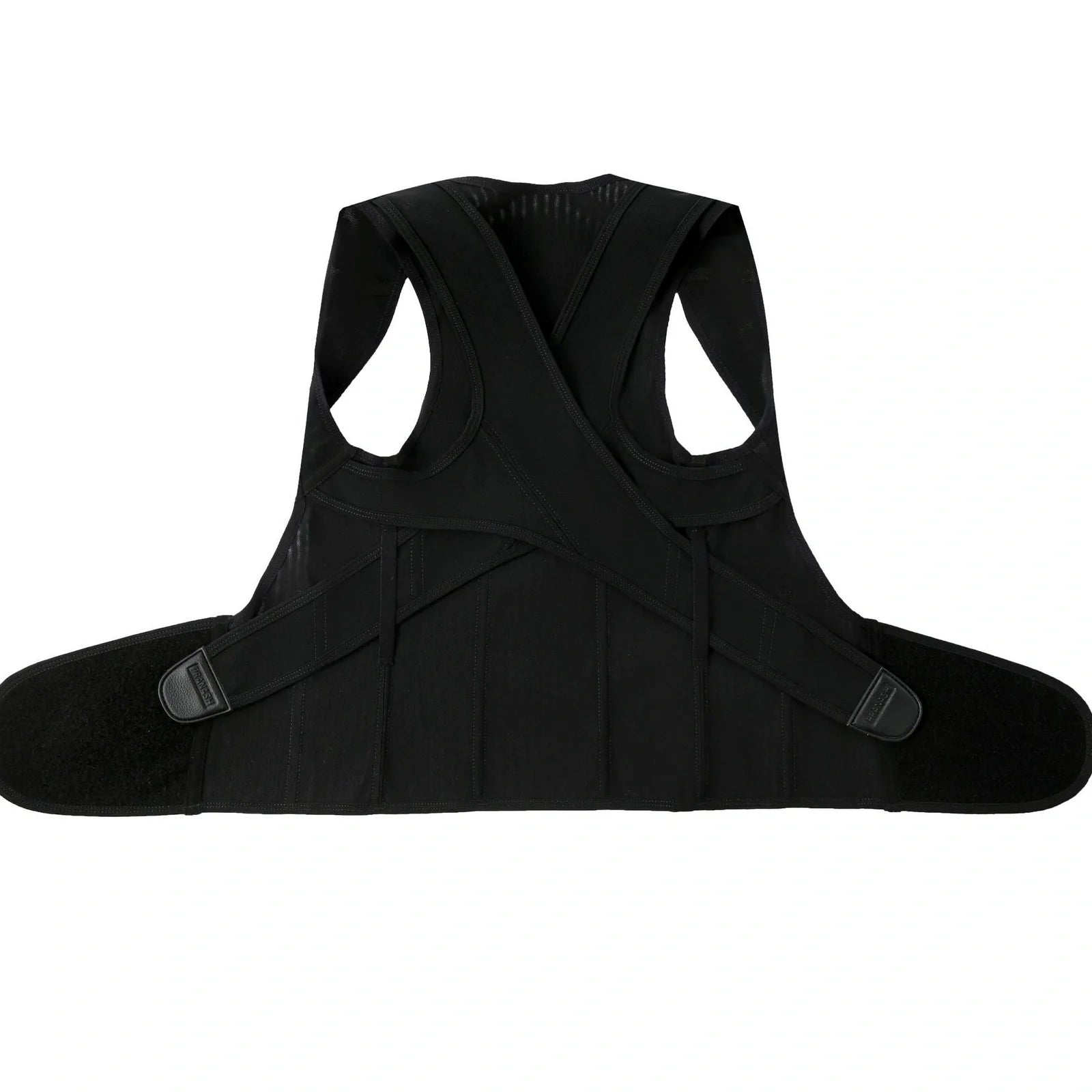 Black invisible posture corrector with adjustable straps for back support and spinal alignment