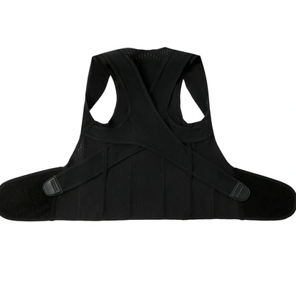 Black invisible posture corrector with adjustable straps for back support and spinal alignment