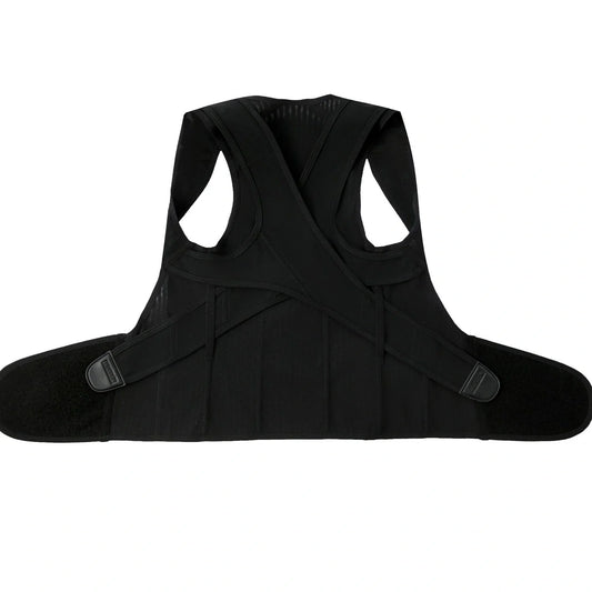 Black invisible posture corrector with adjustable straps for back support and spinal alignment