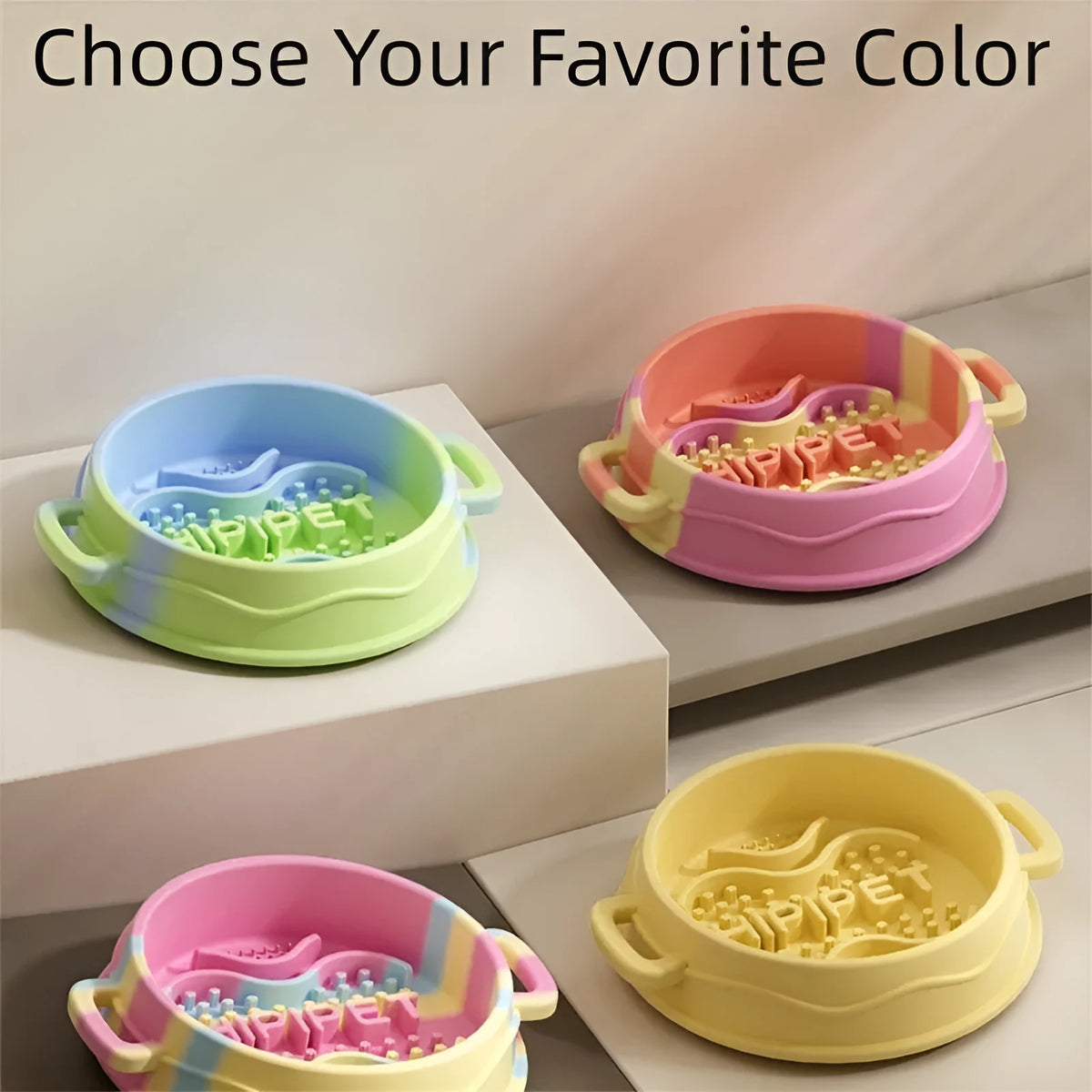 Silicone slow food bowl with double-ear handle and interactive maze design for dogs, in green colour