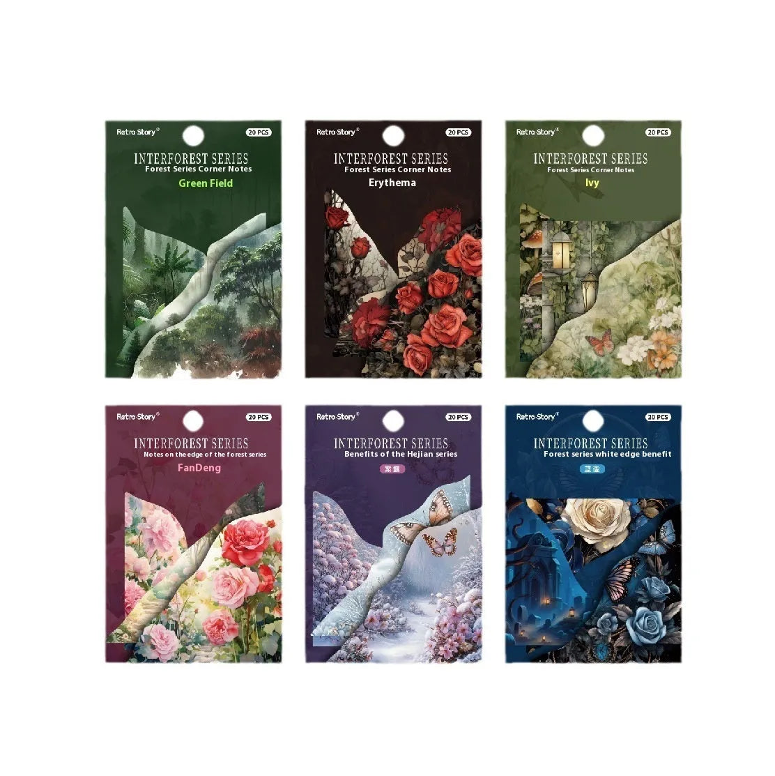 Pack of printed paper notecards in six colours showing spring vine, pink plum, red rose, blue, green wild, and purple dew designs.