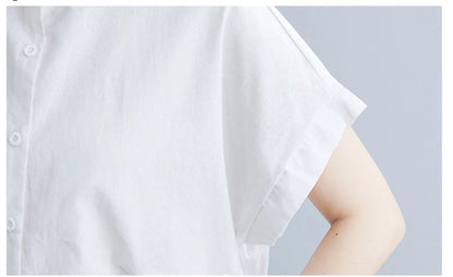 Literary loose plain cotton and linen stand collar short sleeves dress in black and white