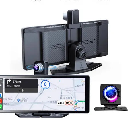 360° panoramic dash cam touchscreen mounted on car centre console with front and rear recording view