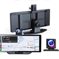 360° panoramic dash cam touchscreen mounted on car centre console with front and rear recording view