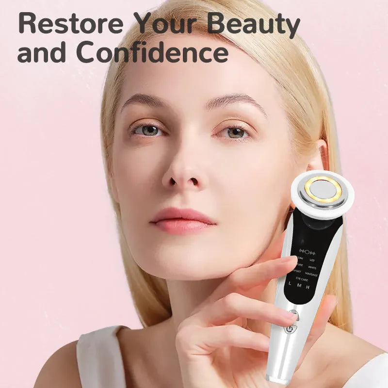 Red and blue light therapy face lifting instrument with EMS vibration, white colour, on a clean surface