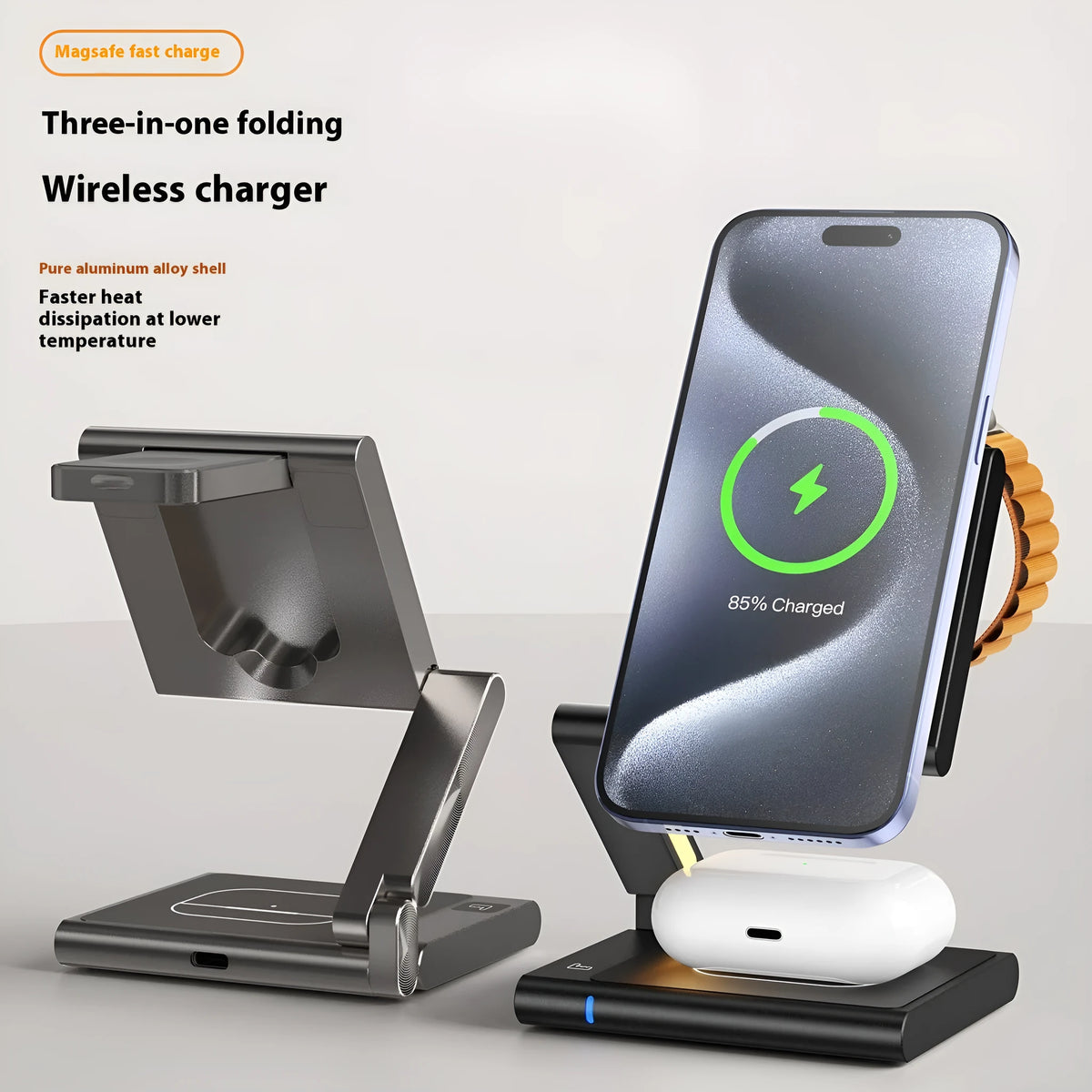 C40 aluminium alloy 3-in-1 folding wireless charger charging phone earphones and Apple Watch – black finish