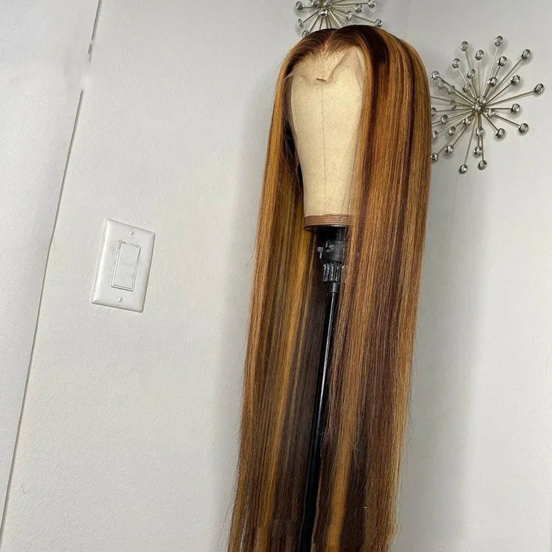 Piano color real hair T-shaped headgear on display with lengths 10 to 26 inches