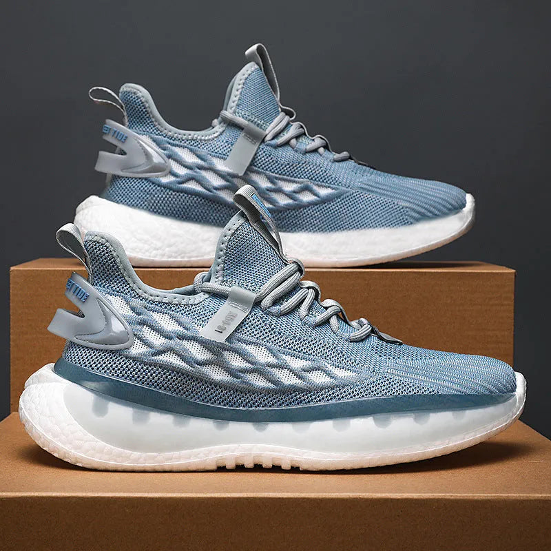 Men's mesh lace up running shoes in peacock blue with thick sole and round toe