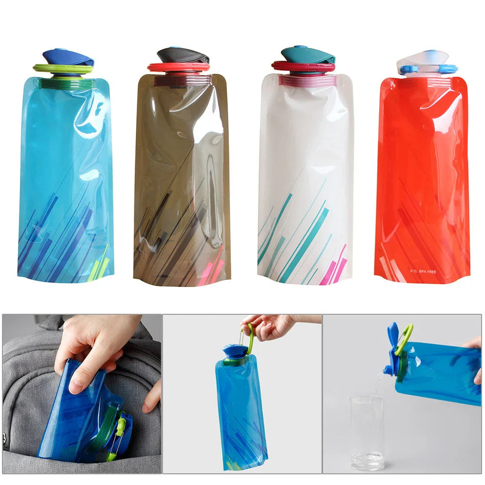 Collapsible outdoor water bottle with carabiner in blue, white, and black colors