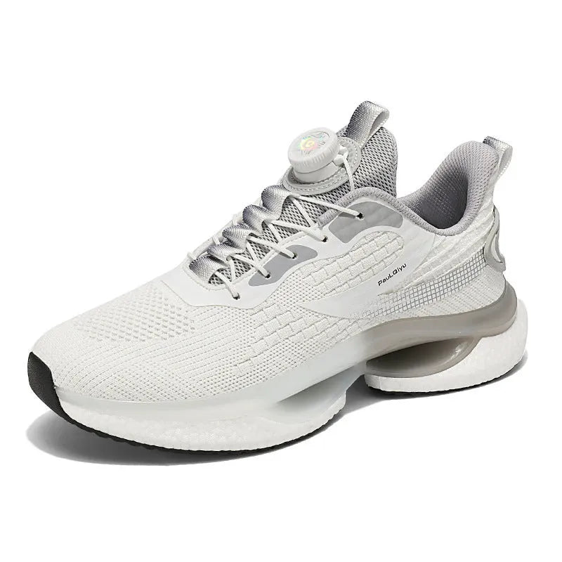 Men's white Fly-knit mesh running shoes with a rotating buckle fastener and TPU sole.