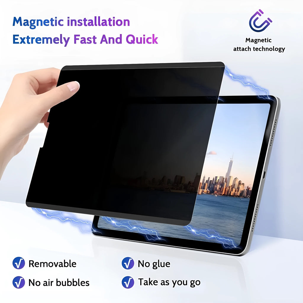 Magnetic anti peeping privacy screen film for iPad with attached storage clip on packaging colour card