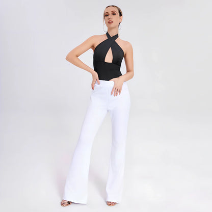 Black women's sleeveless suspender vest in cotton-spandex blend, sizes XS-L, 60cm length for fitted stretch wear