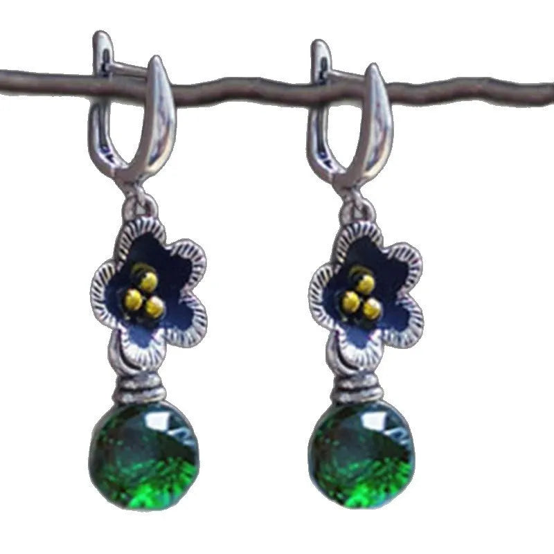 Handmade silver ethnic style long drop earrings with micro inlay geometric petal design on alloy base