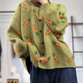 Loose grey cardigan with artistic multi-colour print, round neck, and regular sleeves.
