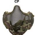 Carbon steel net protective face mask with head-mounted straps in a camouflage pattern.
