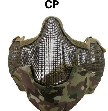 Carbon steel net protective face mask with head-mounted straps in a camouflage pattern.