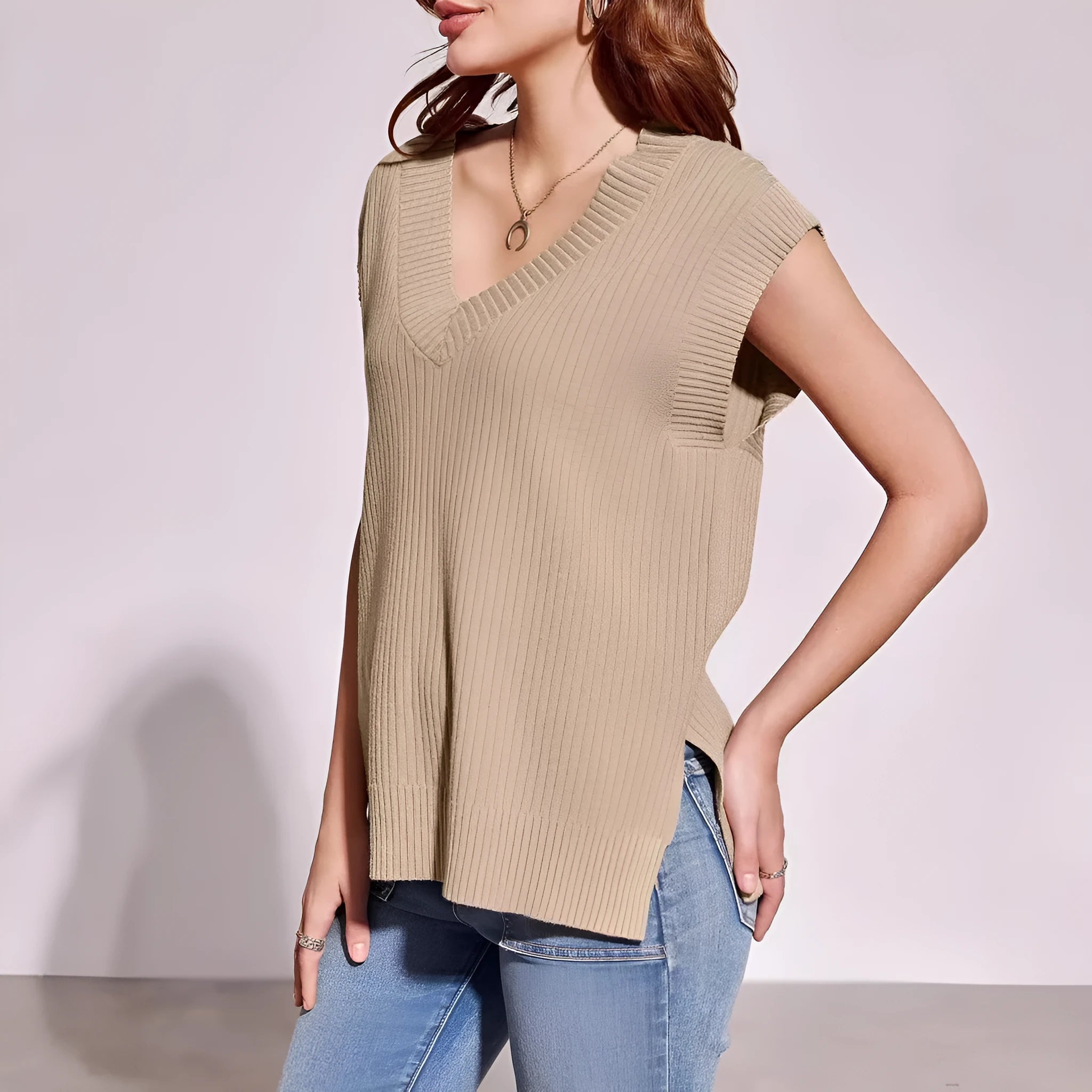 Camel colour V-neck sleeveless loose fit vest with stripe pattern on a hanger
