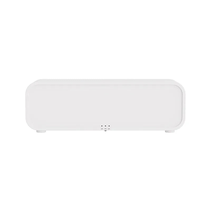 Black and white aroma diffuser with remote control showing colour-changing flame light effect