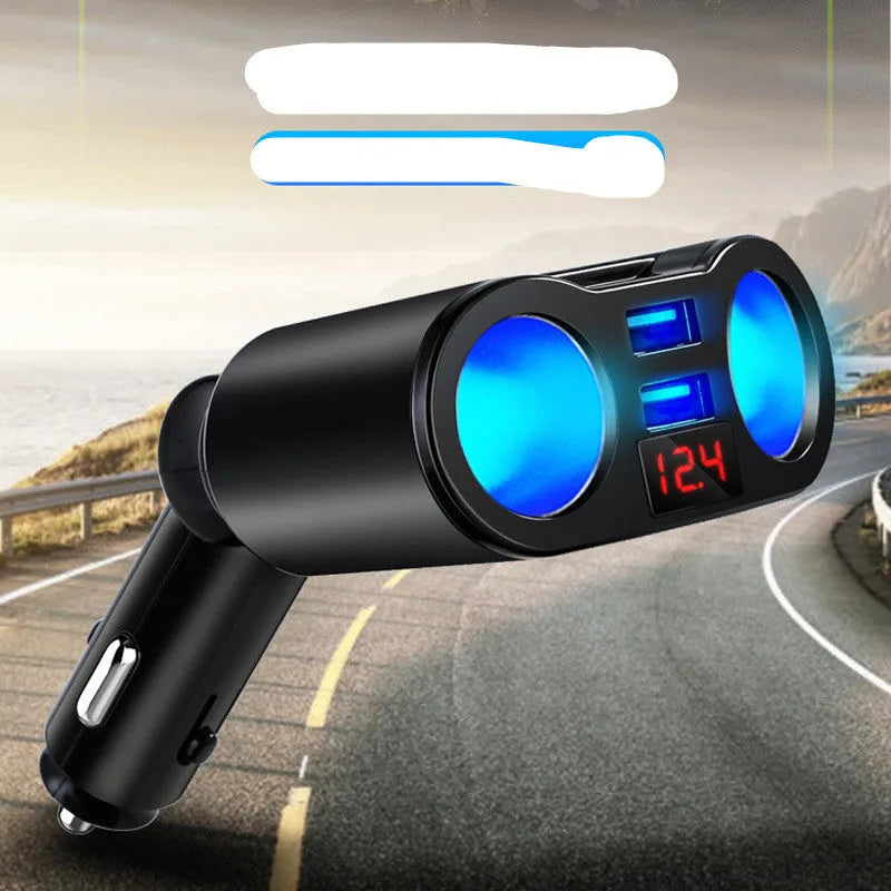 Car Bluetooth FM transmitter and MP3 player with fast-charging USB port for cigarette lighter socket.