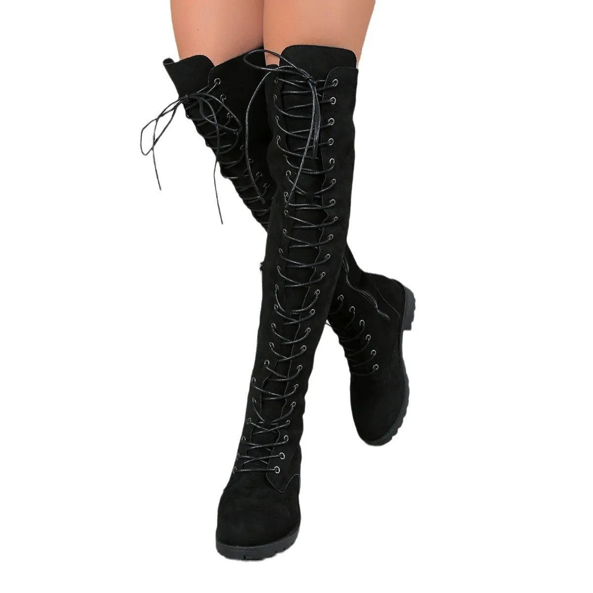 Women's black lace-up over-the-knee boots with flat heel and decorative stitching on a synthetic PU upper.