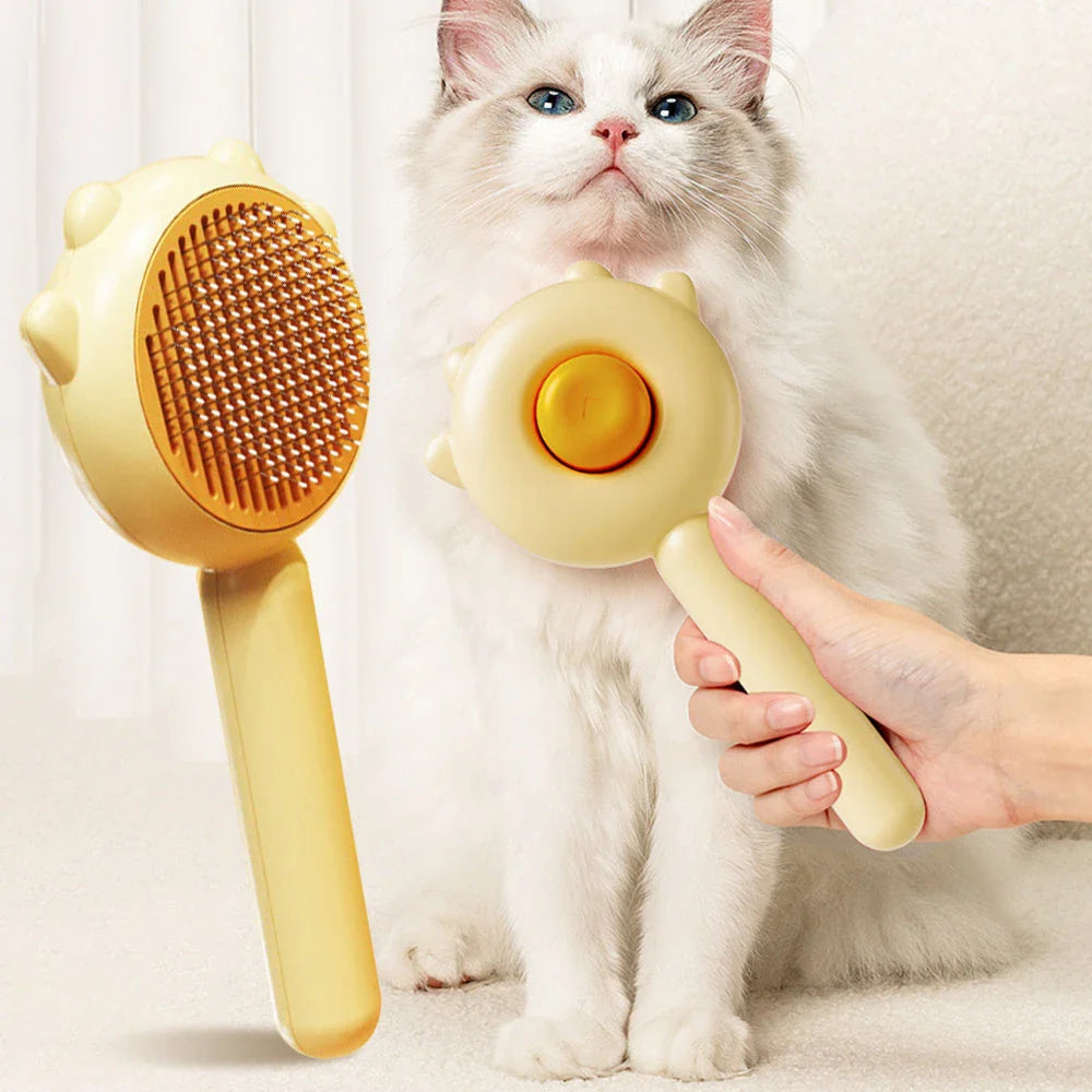 Premium cat grooming combs in various colors with features for removing excess hair, preventing hairballs, and providing a soothing massage