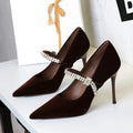 Pointed toe suede stiletto heels with rhinestone strap in black, shallow vamp design