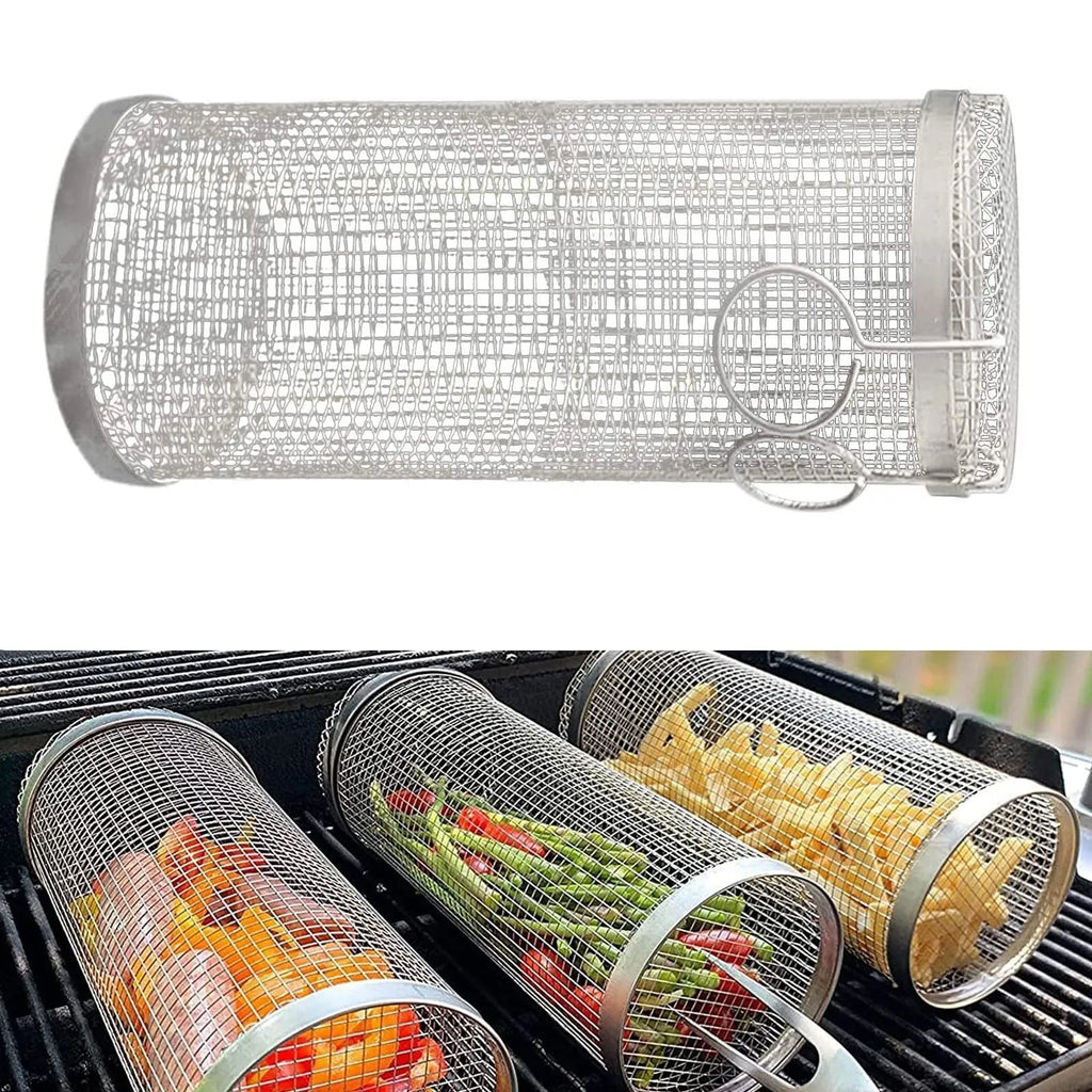 Iron wire rolling BBQ grilling basket with cylindrical mesh for vegetables and meatballs in two size options.