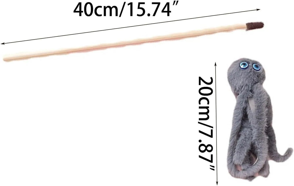 Furry octopus cat toy with eyes on a 40cm flexible stick in grey, pink, purple or red colours