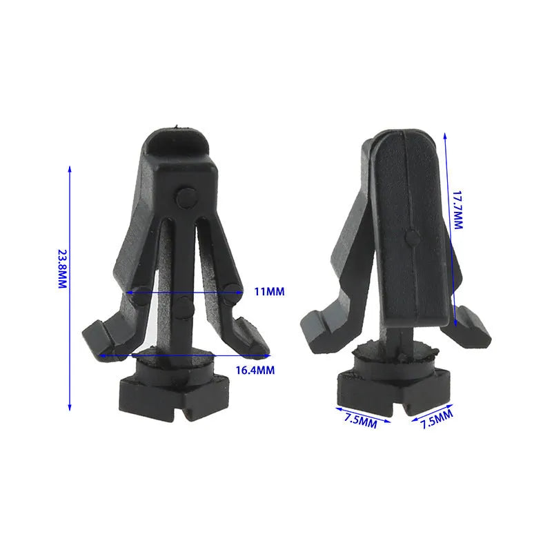 Black plastic bumper cover radiator grille fastening clip for Nissan vehicles, part number 76882-0M060