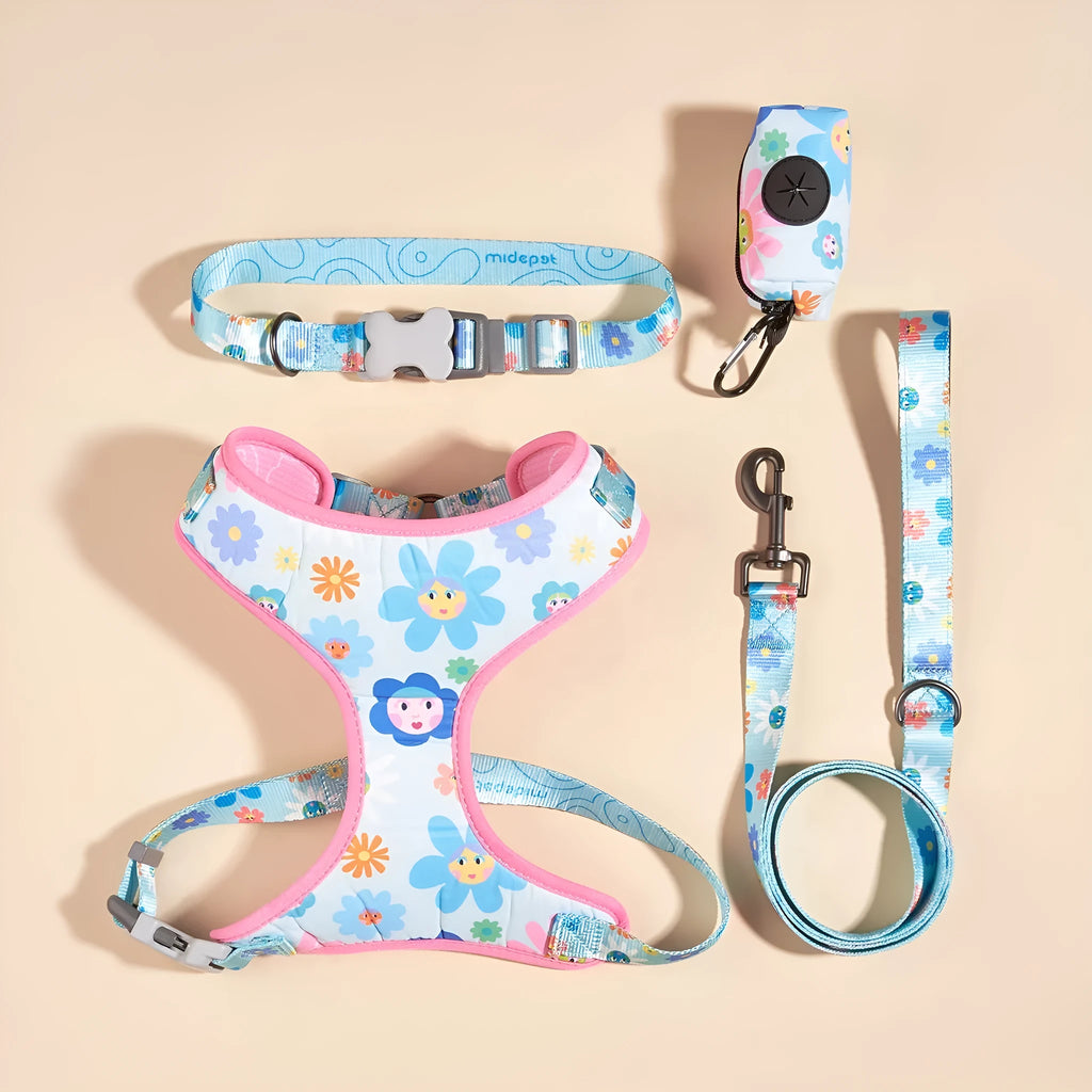 Pink sunflower four-piece pet rope set with collar, chest back, traction rope, and bin bag on display