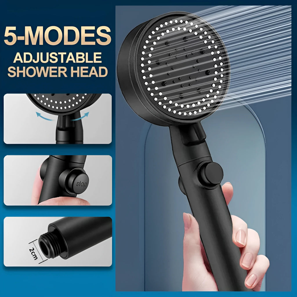 Portable shower head with 5-speed supercharged spray modes and 1.5 metre hose in modern minimalist design