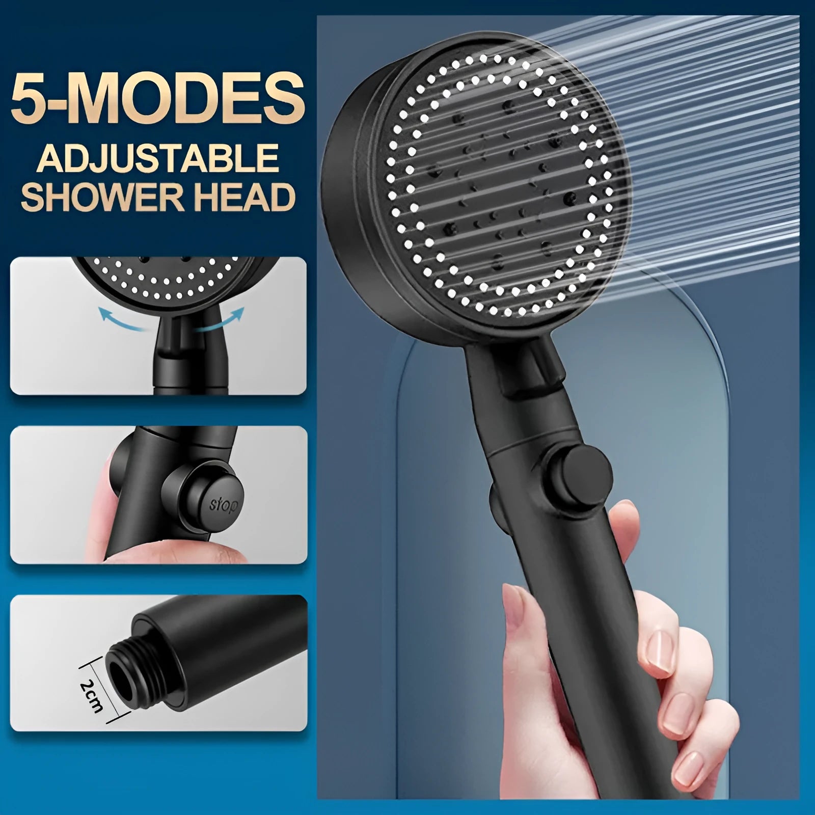 Portable shower head with 5-speed supercharged spray modes and 1.5 metre hose in modern minimalist design