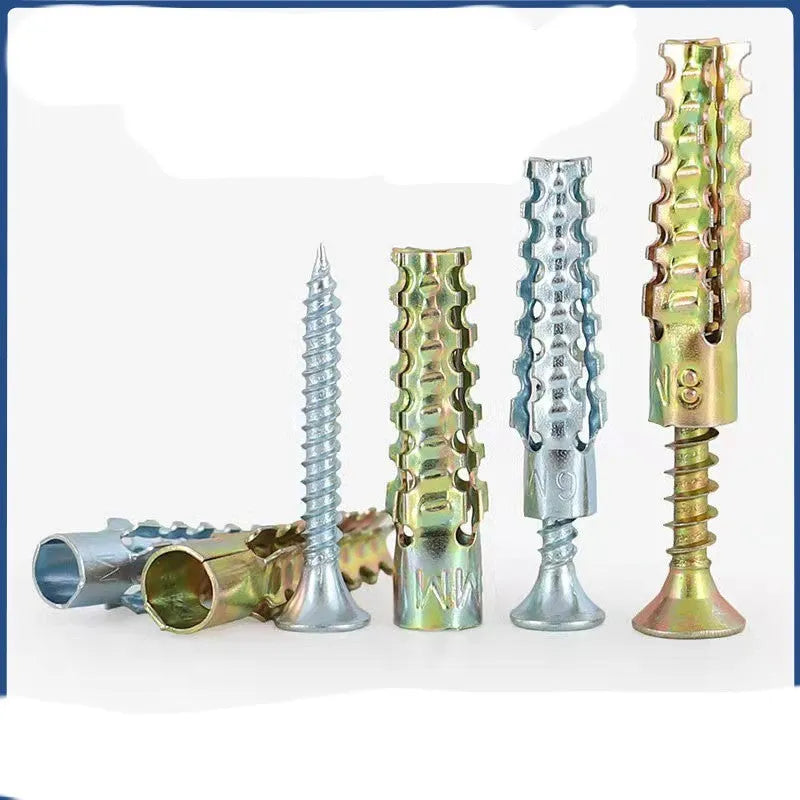 Close-up of an iron expansion anchor screw with a four-serrated barbed metal tube.