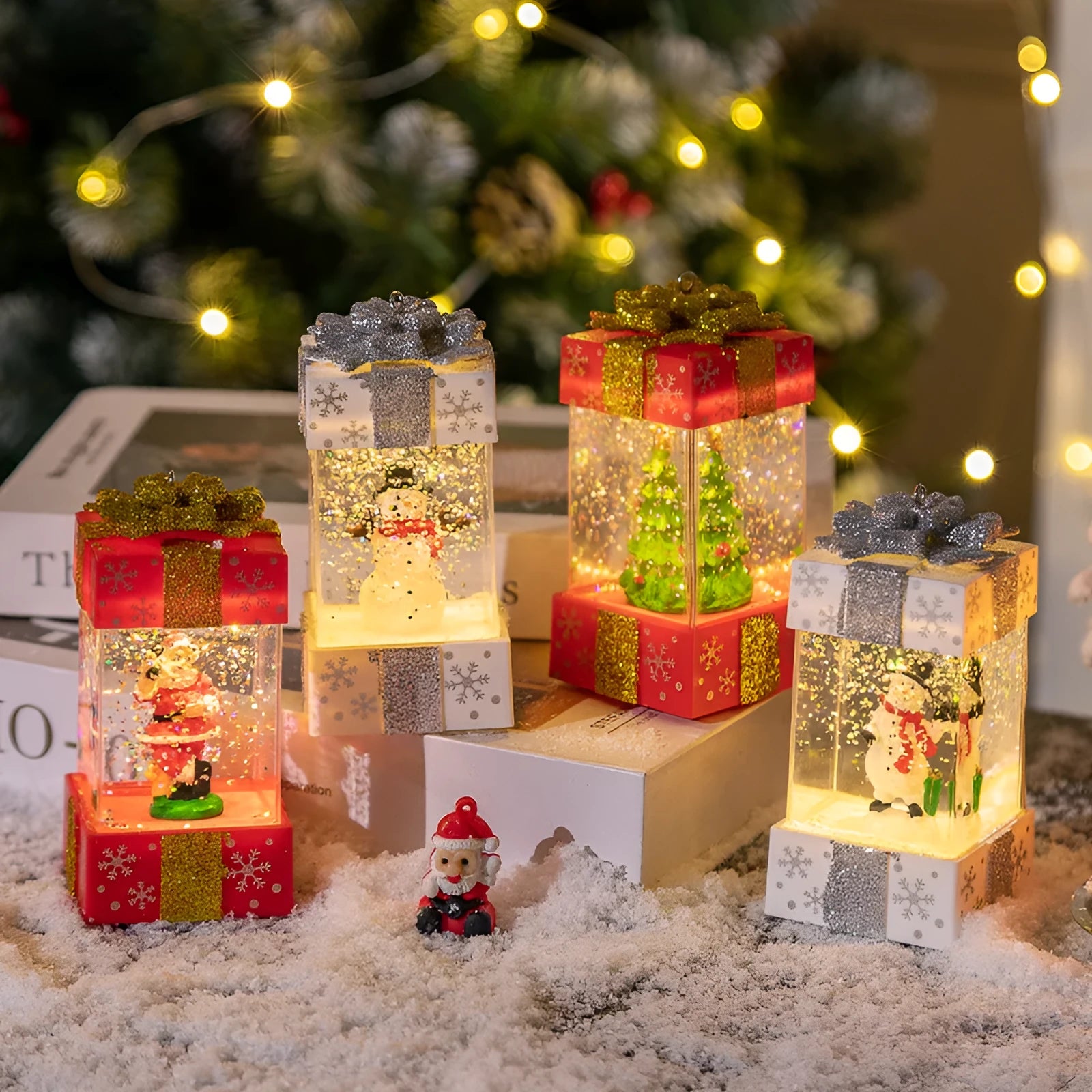 Christmas decoration crystal ball light with red gift box inside, 5.5cm plastic battery operated