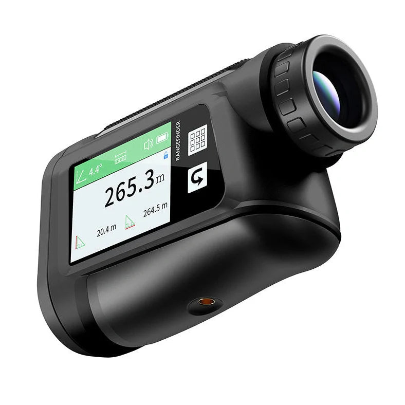 Black and white golf laser rangefinder with touch screen display showing distance measurement