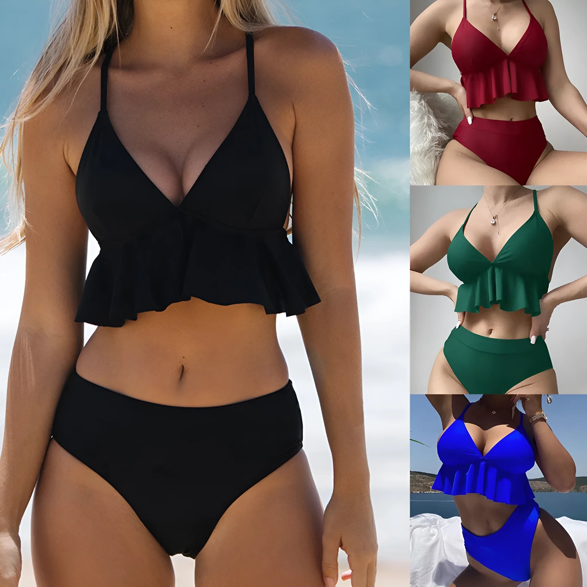 Women's solid colour split bikini swimsuit in polyester spandex fabric on a neutral background.