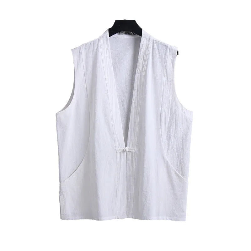 Men's linen sleeveless vest in solid colours showing loose fit design