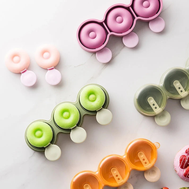 Zhixin Food Grade Silicone Doughnut Ice Cream Mold in yellow, green, and purple