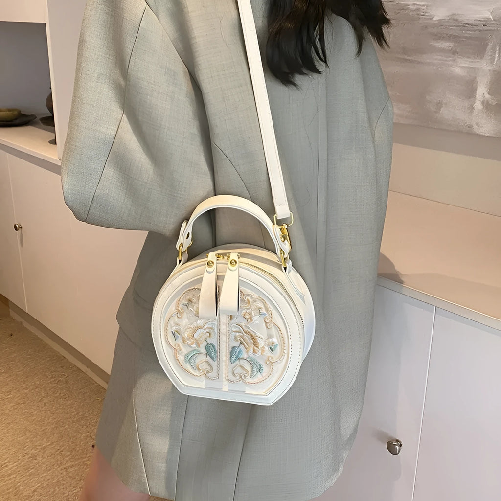 Chinese embroidery crossbody messenger bag with adjustable strap in horizontal square design