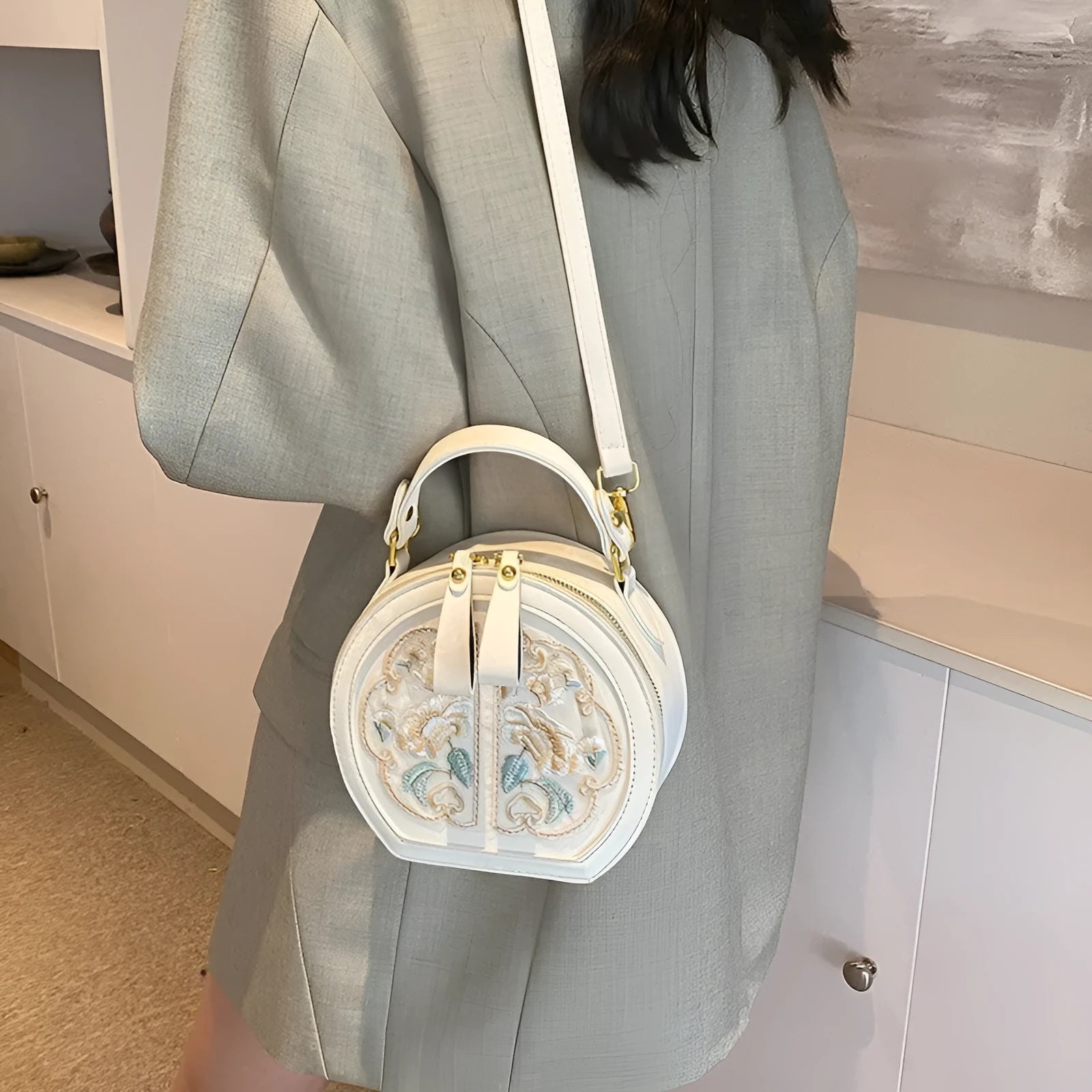 Chinese embroidery crossbody messenger bag with adjustable strap in horizontal square design