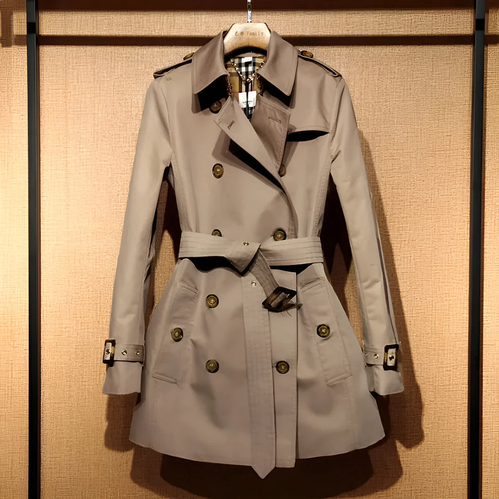 Khaki women's double breasted trench coat with long flight sleeves and button details