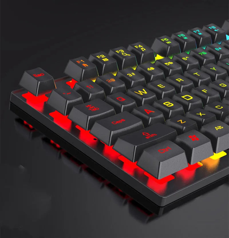 Wired four-piece keyboard mouse headset and mouse pad set with USB cables on a desk