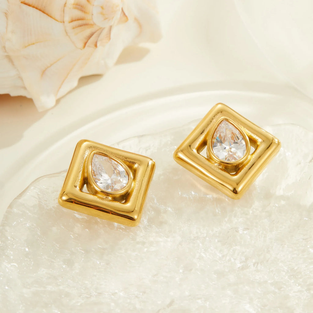 Gold geometric stud earrings with water drop zircon inlay on stainless steel