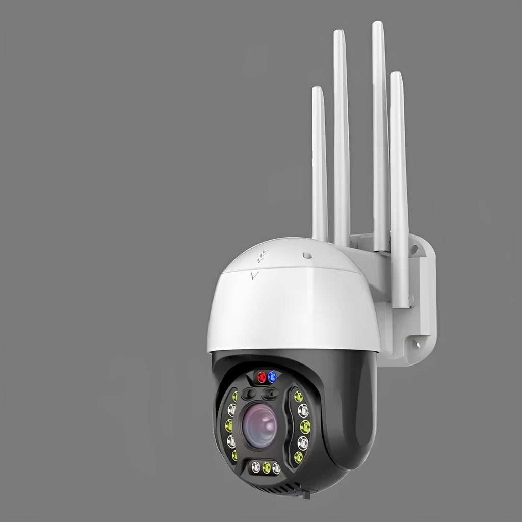 Outdoor dome surveillance camera with 360-degree rotation on a wall mount, showing its compact size.