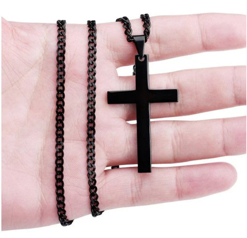 Stainless steel cross pendant necklace for men, available in black, silver, and gold finishes