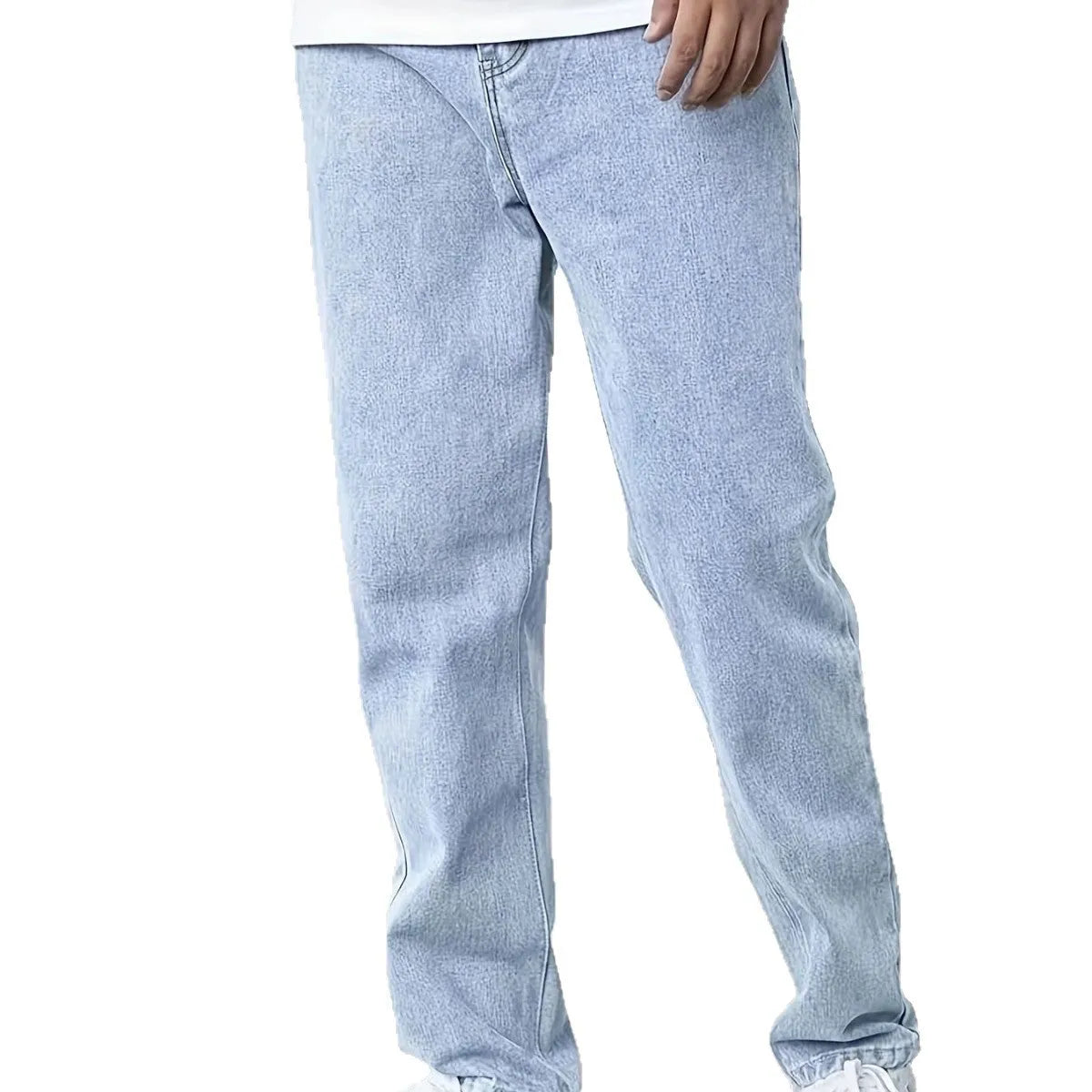 Youth slim jeans for men, light blue cotton straight-leg trousers with zip fly